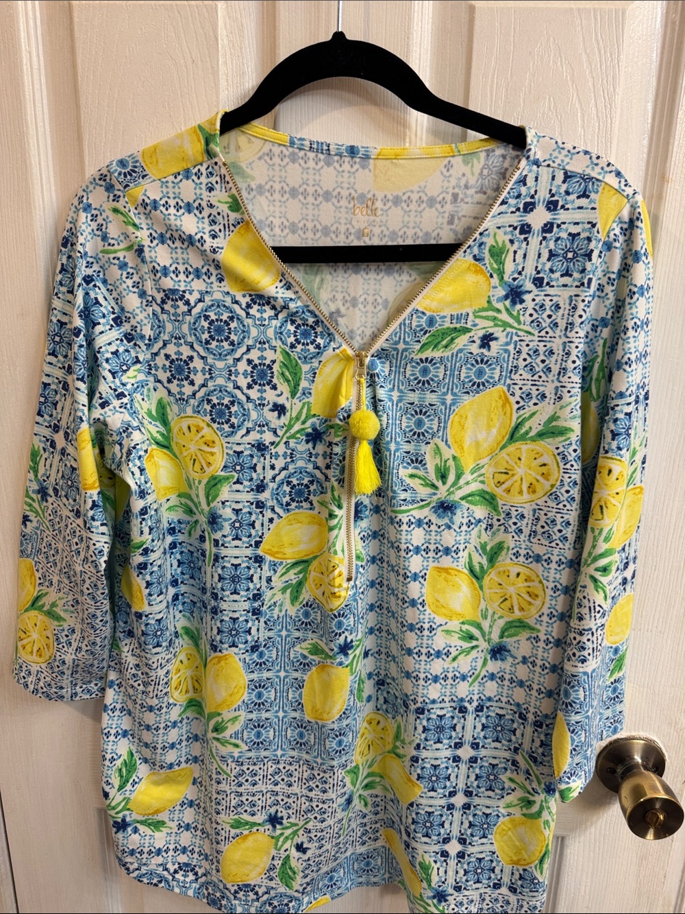 BelleWomen’s by Kim Gravel Lemon Print V-Neck Tunic Top - Yellow & Blue
